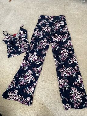Floral Navy Two-Piece Set - halter & Wide Leg Pants PJ set